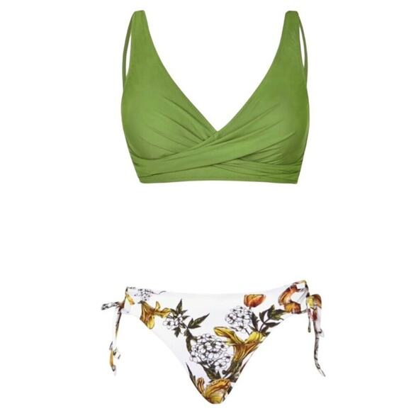 Cupshe Women XL 2 Piece Swimsuit Green Wrap Top Floral High Waist Bikini Lace Up - Picture 4 of 9